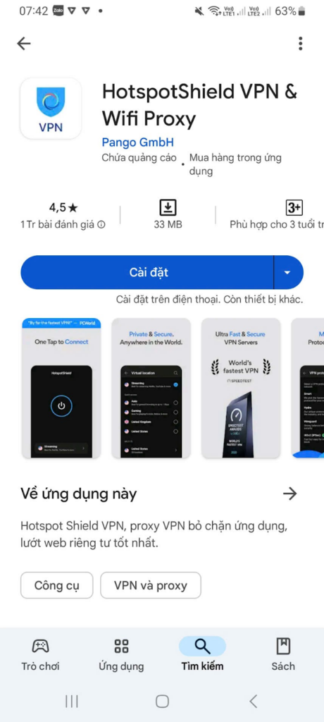 Anh em nhấn vào nút cài đặt để tải ứng dụng Hotspot Shield về thiết bị