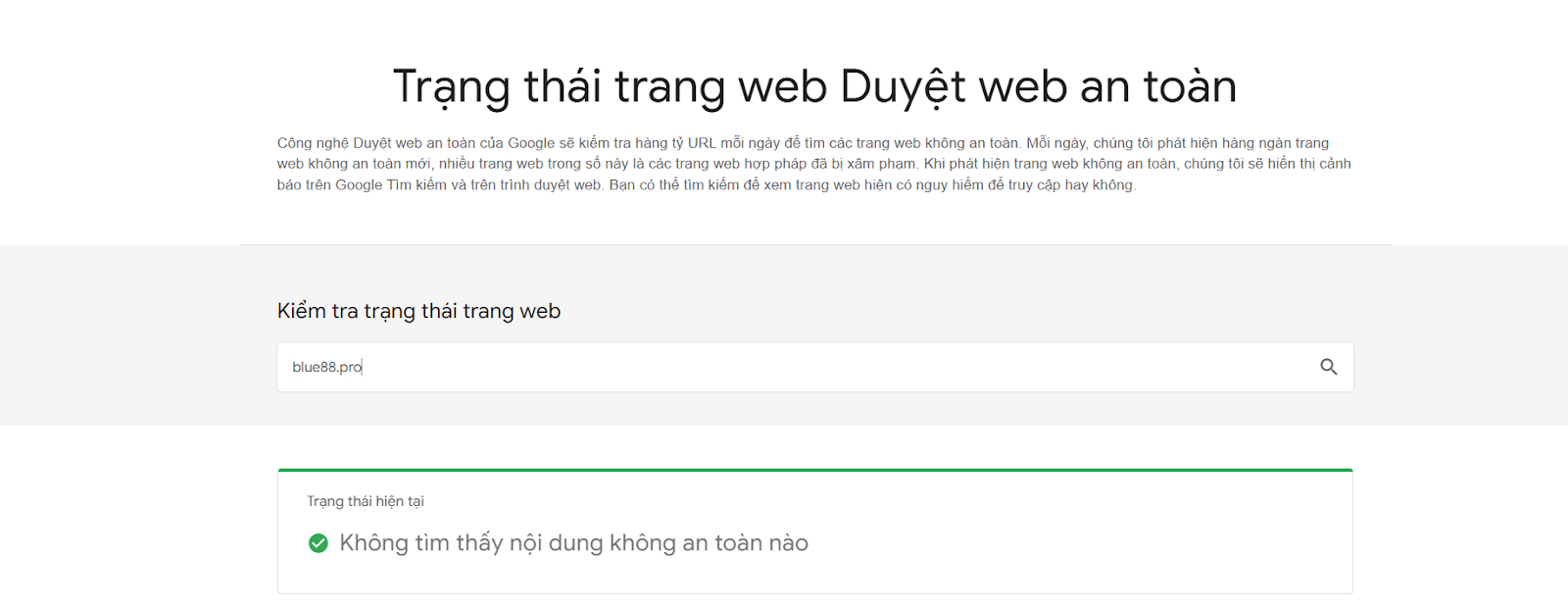 Google Safe Browsing Diagnostic xác nhận trang chủ của Blue88 an toàn